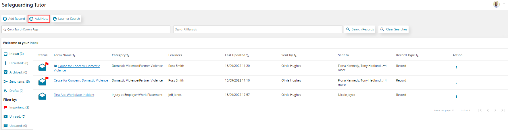 Screenshot of Safeguarding Tutor page with add note button highlighted